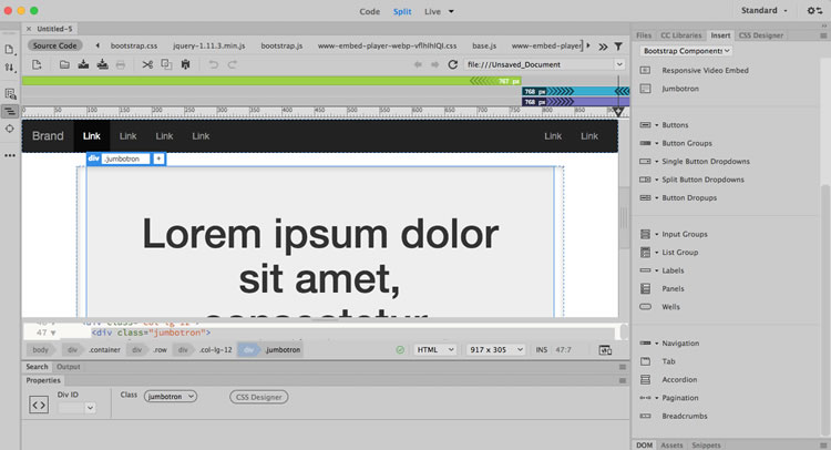 Bootstrap, Dreamweaver CC. Skjermbilde.